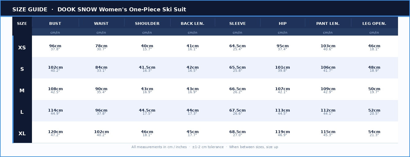 DOOK SNOW Size Guide